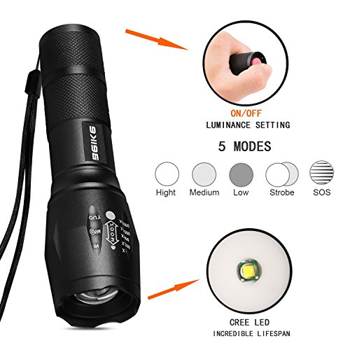 BEIKE 2 Pack 1000 lumens Tactical Flashlights, Super Bright Handheld Outdoor CREE LED Torch Flashlight with Adjustable Focus 5 Light Modes for Camping Hiking Emergency(AAA Batteries Included) - Thumbnail 4