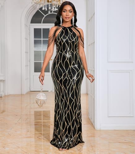 Image of Cololura Women Sexy Elegant Sequin Tassel Off Shoulder Halter Bodycon Maxi Dress Party Evening Gown Formal Dress