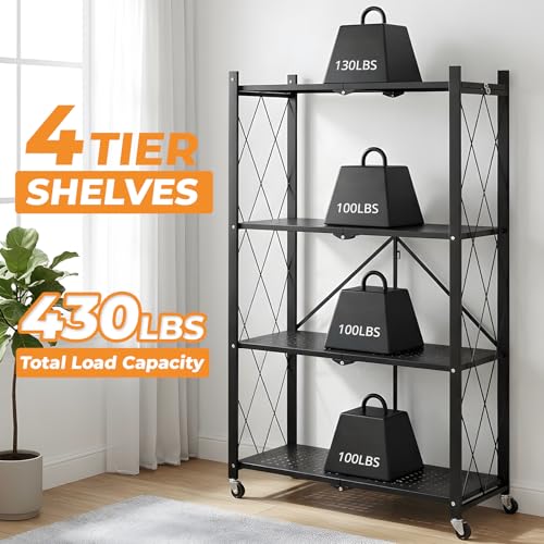 Image of COKIHOM 4 Tier Foldable Storage Shelf, Large Capacity Metal Shelf Rack, Rolling Bookshelf with Wheels, Wire Shelf Organizer for Kitchen, Pantry, Office, Garage, Basement, Black