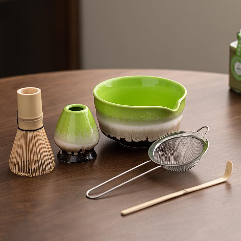 Traditional Japanese Matcha Tea Set, 5 Piece Ceremonial Kit with Bowl, Whisk, Stand, Scoop and Sifter - Green and White