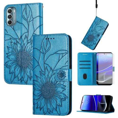 Coque Moto G Stylus 5G 2022 Asuwish motif floral bleu avec porte-cartes et support intégré
