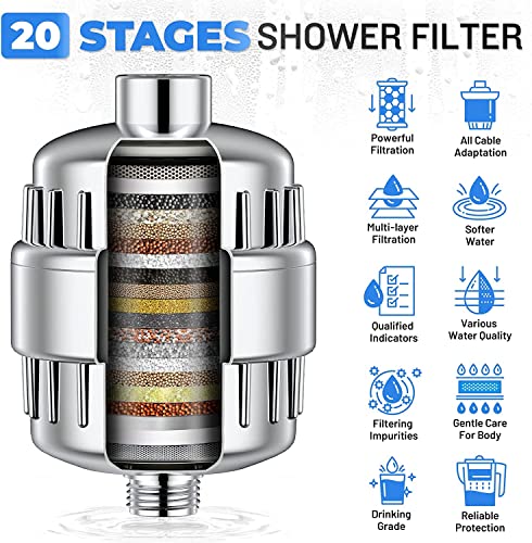 Shower Filter 20 Stage Showerhead Filter For Hard Water Shower Water Filter With 2 Replaceable Filter Cartridges For Removing Chlorine Fluoride, Polished Chrome #TOP1
