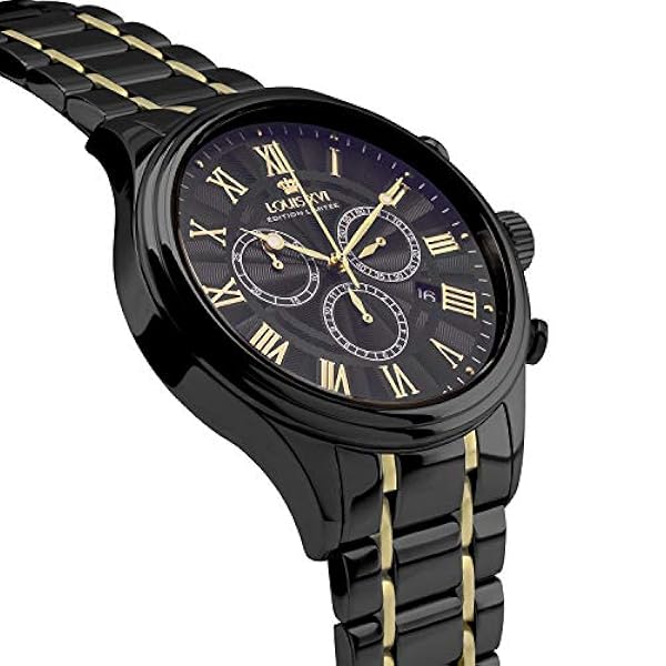 LOUIS XVI Herr Danton stålrem, svart tvåfärgad guld svart romerska siffror, kronograf analog kvarts rostfritt stål 980, Armband