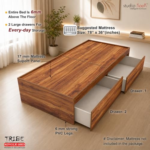 Image of Studio Kook Tribe Engineered Wood Single Bed with Dual Storage Drawers | Without Headboard (78x36 Inches, Amber Walnut, Matte Finish)
