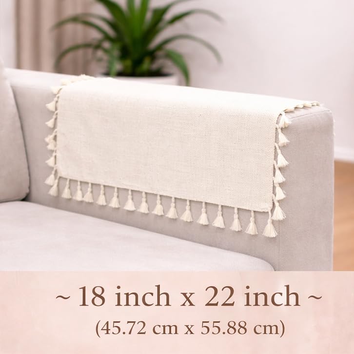 Image of STITCHNEST Jute Sofa Arm Cover with Tassels | Elegant Textured Hand Rest Protector | Durable & Long-Lasting | 18 x 22 Inches