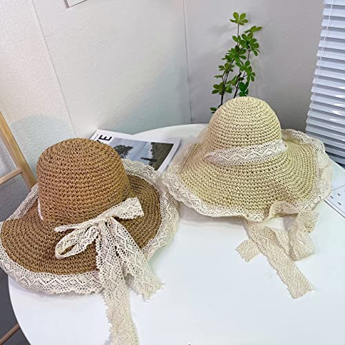 Sombrero de paja para mujer con ala ancha y encaje beige miniatura 6