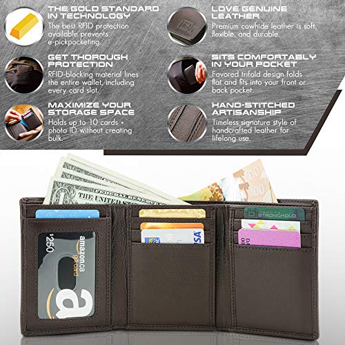 Image of ID Stronghold Men's Leather Trifold Wallet - RFID Blocking - Brown Wallet with Gift Box