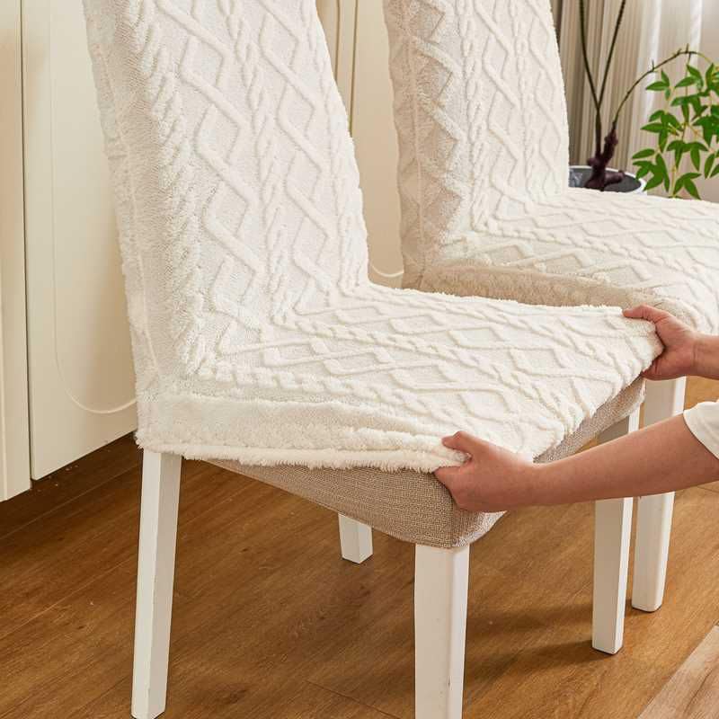 Image of HOMETHREADS Elastic Jacquard Chair Cover-Stretch Fit, Removable & Washable Short Dining Chair Seat Protector - 400gsm Soft & Wrinkle-Resistant Slipcover for Home, Kitchen, Banquet (Cream, Pack of 6)