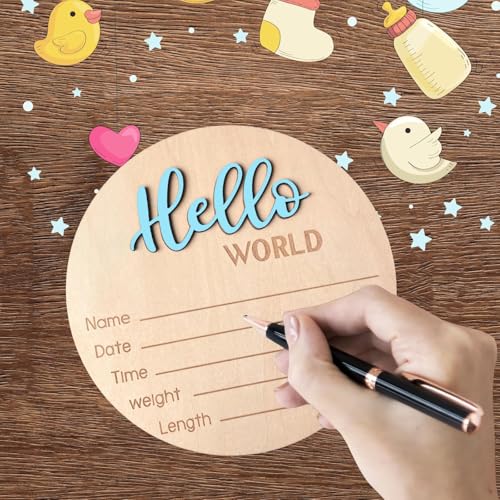 Image of Baby Announcement Sign, 5.9 Inch Wooden Hello World Newborn Signs, Birth Announcement Sign, Baby Shower Hospital Nursery for Newborn Boys and Girls (Sky Blue,Pen)