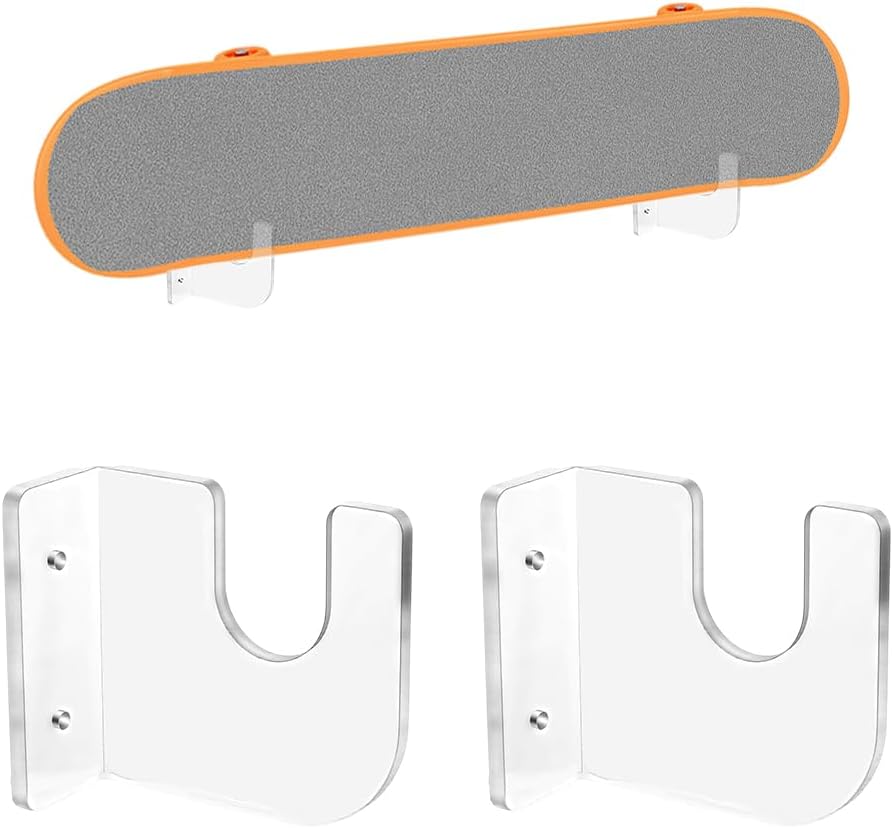 AHANDMAKER 4 Pcs Clear Acrylic Skateboard Wall Mount Rack Horizontal Skateboards Rack for Longboard Skateboard Snowboards Storage Display in Garage Bedroom Skate Shop