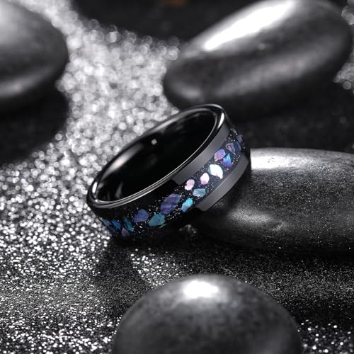 King Will Black Tungsten Wedding Band for Men Women -8mm Flat Polished Edge Ring with Large Blue, White & Abalone Shell Inlay, Men's Tungsten Carbide Wedding Ring Comfort Fit Size 7-143