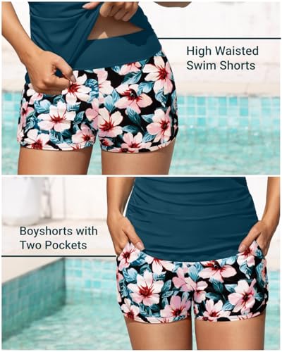 Image of Women Tankini Swimsuit with Shorts Two Piece Tummy Control Bathing Suit | Pockets,Tummy Control,Removable Bra Pads,Quick Dry,Adjustable Shoulder Straps