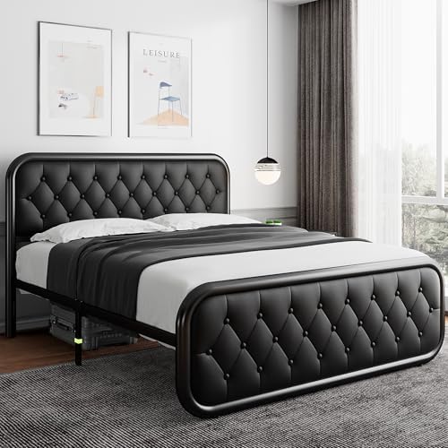 iPormis Queen Size Metal Bed Frame with Leather Headboard, Heavy-Duty Platform Bed Frame, Thicker Metal Steel Slats Support, 12'' Under-Bed Space, Noise-Free, Easy Assembly, Black