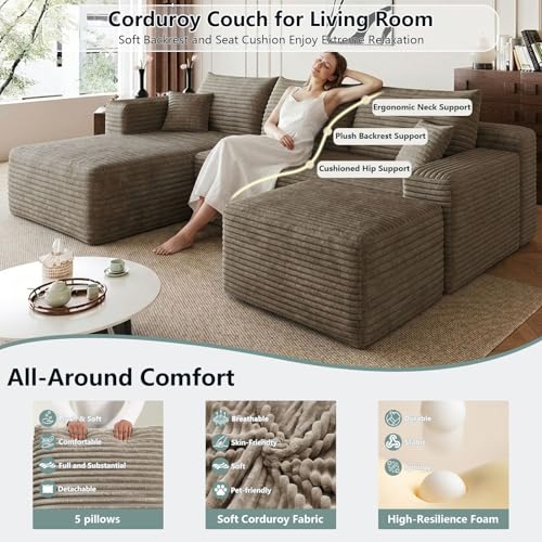Image of 95 inch Modular Sectional Sofa with Ottoman, Modern Corduroy Cloud Couch with Deep Seat, Boneless Couch Upholstered 3-Seater U-Shaped Sofa for Living Room, No Assembly (Camel,Right-Facing Chaise)