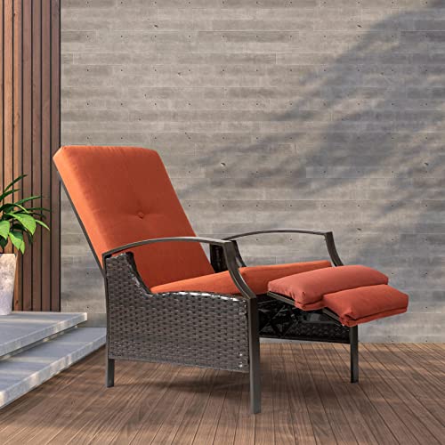 Alimorden Patio Wicker Adjustable Recliner Chair, Steel Frame Rattan Sofa With Thick Removable Cushion, Outdoor Relaxing Lounge Chair For Porch, Backyard, Garden, Water Resistant, Red #TOP3