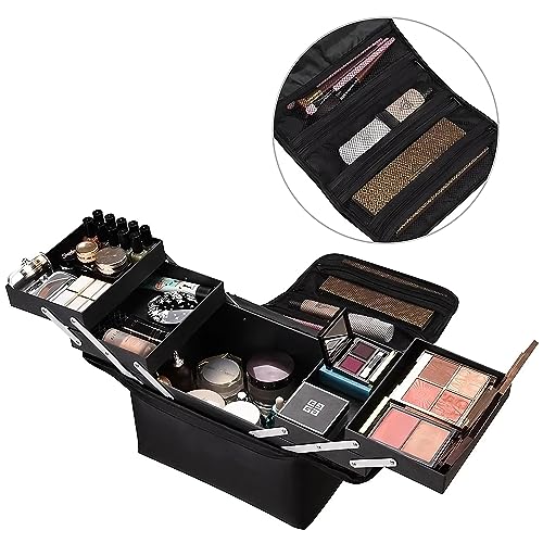 Image of NFI essentials Large Makeup Case, Professional Beauty Train Case Bag, Vanity Travel Brush Case with 4 Trays and Strap, Large Storage Make up Box Cosmetic Organizer