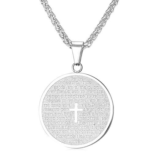 U7 Medal Necklace for Men Stainless Steel Spanish Lord's Prayer Inscripted Pendant with 22 Inch Chain