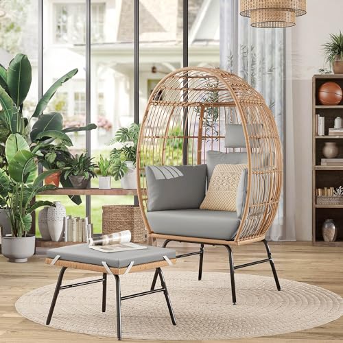 DWVO Outdoor Egg Chair with 2-in-1 Footrest, Patio Wicker Basket Chair with Ottoman, Indoor Egg Chairs with Cushion, Boho Cocoon Chair for Outside, Bedroom, Grey