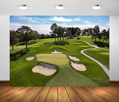 Beleco 7X5Ft Fabric Golf Course Backdrop For Photography Green Grass Lawn Bunker Trees Blue Sky White Clouds Outdoor Golf Backdrop Golf Party Decorations Birthday Shoot Holiday Photo Studio Props