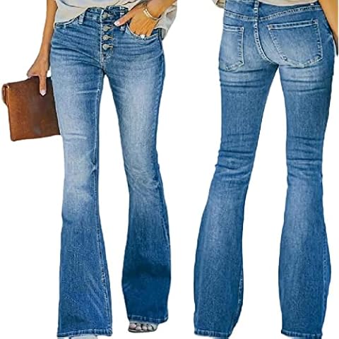 UGIF 90s Vintage Button Fly High Waist Flare Leg Jeans, Stretchy Jeans for Women, Blue Rise Wide Pants, Denim Trousers, Slim fit Multi-Button Flared Trousers Washed M Cover