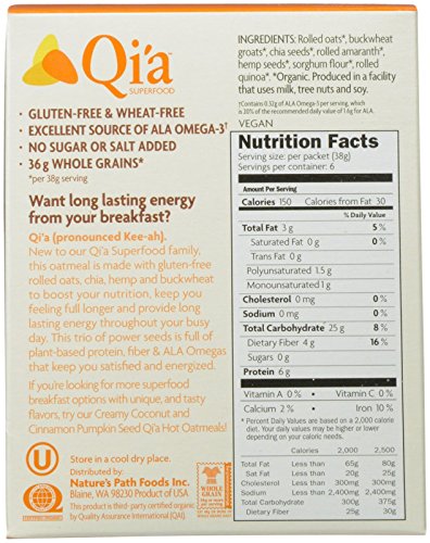 Qi'a Superfood Organic Gluten Free Superseeds And Grains Instant Oatmeal, 6 Packets, Non-Gmo, 35G Whole Grains, 6G Plant Based Protein, With Omega-3 Rich Chia Seeds, By Nature's Path #TOP1