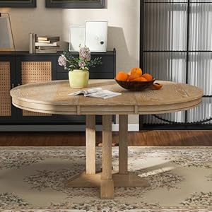 Extendable Round Dining Table for 6, Farmhouse Kitchen Table with a Removable Leaf, Solid Wood Dinner Table for Small Space, 42"-56" D x 42" W x 30’H, Natural Extendable Round Dining Table for 6 Farmhouse Kitchen Table with a Removable Leaf Solid Wood Dinner Table for Small Space 42 56 D x 42 W x 30H Natural