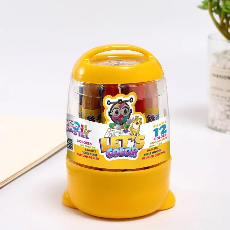Ahvian The Creative: Drawing Pastels Crayons 12-Colors & Case with Lid. Non-Toxic, Washable, Oil Painting Stick, Drawing Coloring. Crayones Colores de óleo, no tóxicos, lavables y estuche con tapa