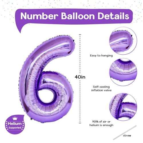Image of Purple Number 6 Balloon for Girls 6th Birthday, 40 Inch Number Foil Balloon 6, Mylar Helium Large Balloon for Kids 6 Years Old Birthday Party Decor Anniversary Graduation Party Decorations Supplies