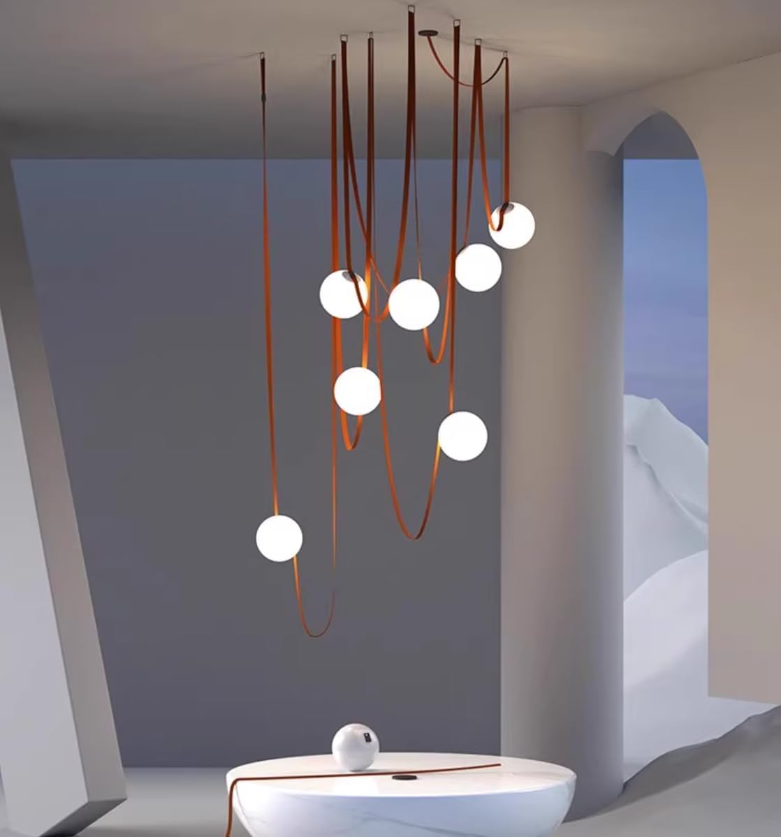 Nordic White Glass Globe Chaner High Ceiling Mid-Century Modern Long Chaner DIY Spider Pendant Light Off Center Light Fixture with Belt Leather Chain for Living Room (Brown 3 Lights) (Brown 7 Lights)