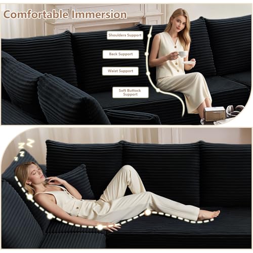 Image of Oversized Modular Sectional Sofa Couch, Large 6 Seater Corner Sofa Modern U Shaped Sectional Couch Cloud Couches for Living Room, Office, Spacious Space, Corduroy, No Assembly Required, Black