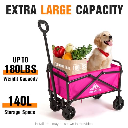 Small Folding Wagon Cart with Wheels up to 180lbs, Collapsible Portable Beach Garden Wagon for Grocery Shopping Camping, All-Terrain Silent Universal Wheels, Two Cup Holders, Large Capacity
