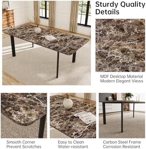 Extendable Dining Table Set for 6-8 People, 63 to 78.7 Inch MDF Kitchen Table with 6 Upholstered Chairs, Space-Saving for Dining Room, Breakfast Nook (Brown Table & 6 White U-Shaped Chairs)