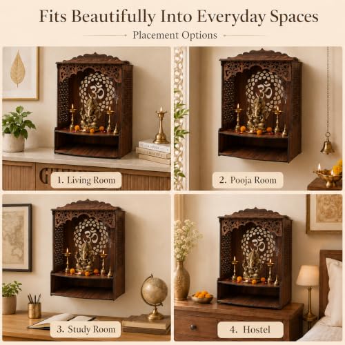 Image of The Castle Decor Wooden Mandir for Home, Wall Hanging & Tabletop Pooja Temple with Om Cutwork Back Panel, Jali Side Panels, Open Storage Shelf, Pooja Room, Office, Hostel, 10x22.2x18 Inch