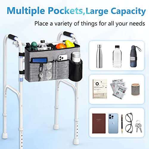 Rhino Valley Walker Bag, Multi Pockets Folding Walker Basket Tote Bag With Cup Holder, Hand-Free Carry Pouch Storage Bag For Universal Walkers, Large Capacity Organizer For Seniors Elderly, Gray #TOP1