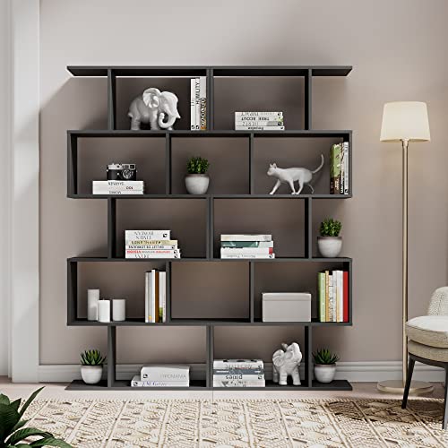 Cozy Castle Bookshelf Set Of 2, S-Shaped Modern Bookcase Room Divider, Geometric Wood Book Shelf, 62" Tall Bookcase With 5-Tier Display Shelf, Black #TOP3