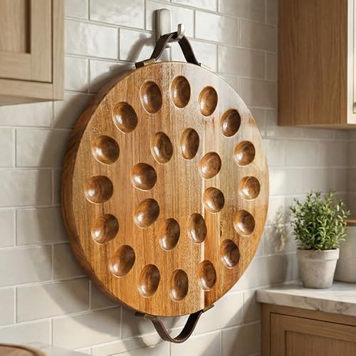 Image of Hiceeden Acacia Wood Deviled Egg Platter with Handles for Easter, 24 Holes Round Deviled Egg Tray Container, Reversible Charcuterie Board Egg Plate Serving Tray for Countertop