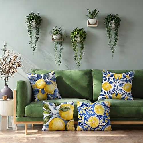 Image of Boho Summer Lemon Coastal Pillow Cover 18x18 Set of 4,Cottagecore Lemon Home Decor,Blue and Yellow Italian Botanical Fruit Decorative Lumber Throw Pillow Cover for Home Bedroom Living Room