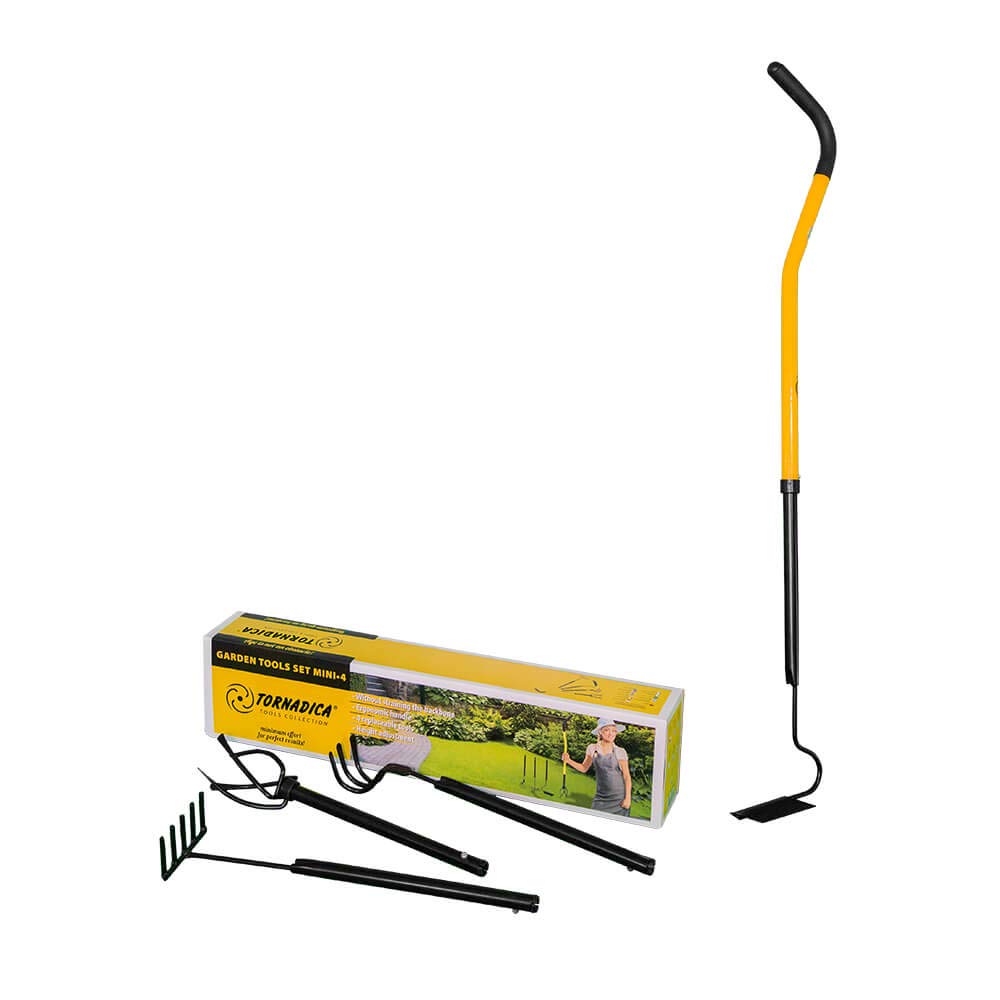 TORNADICA Kit di attrezzi da giardinaggio, per la cura di giardini e vasi, include mini coltivatore, arado di suco, estrattore a 3 denti e mini rastrello, altezza regolabile max 95 cm, 1,55 kg
