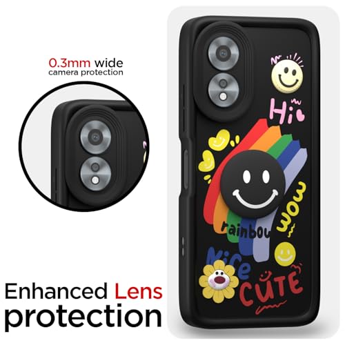 Image of Pikkme Back Cover for Oppo A38 4G / Oppo A18 4G | Soft Silicone| Cute Rainbow Smile & 3D Cartoon Flower Design | Shockproof Raised Camera Protection Bumper Case (Black)