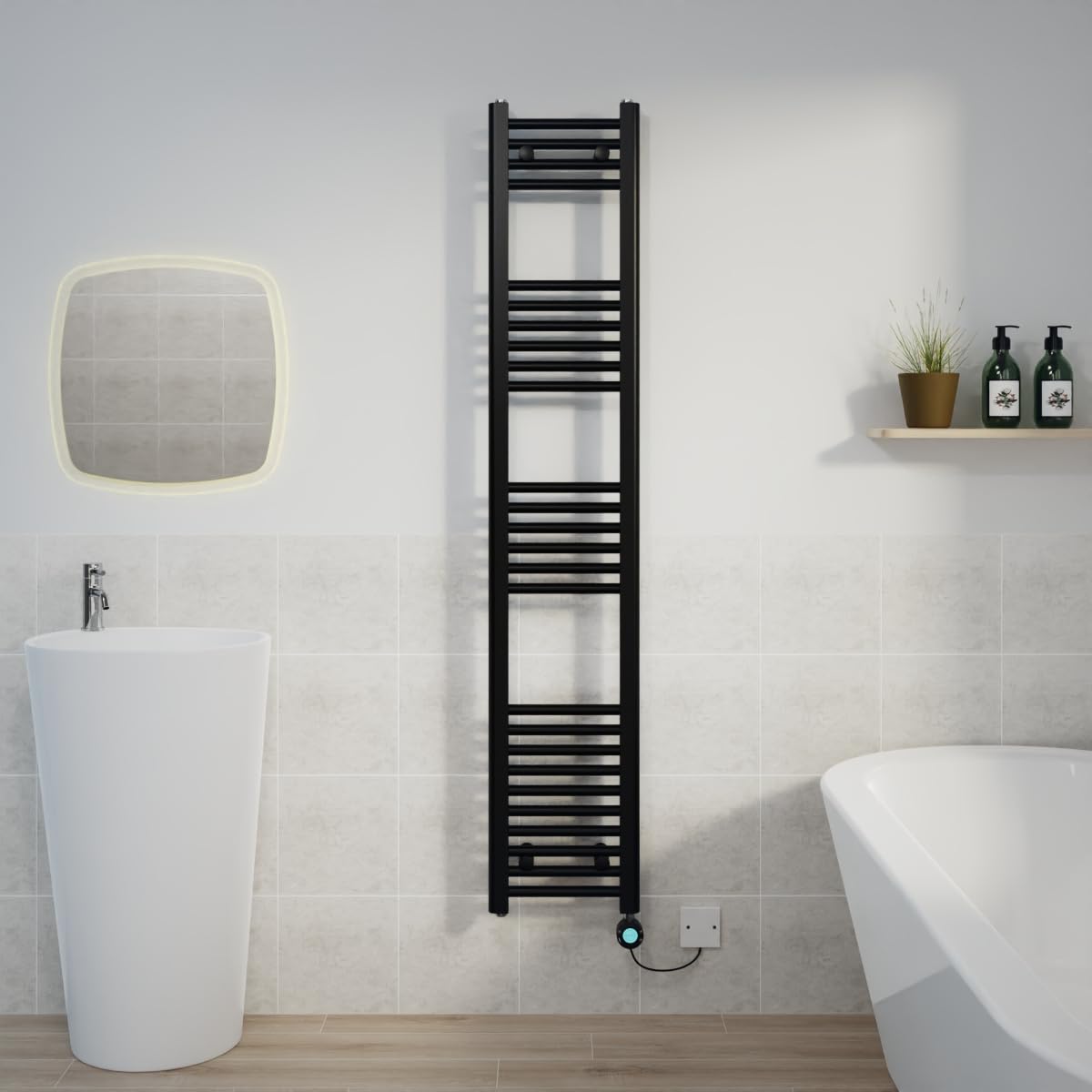 Warmehaus Black Electric Heated Towel Rail Straight Thermostatic Bathroom Towel Radiator with Timer - 1600x300mm 800W