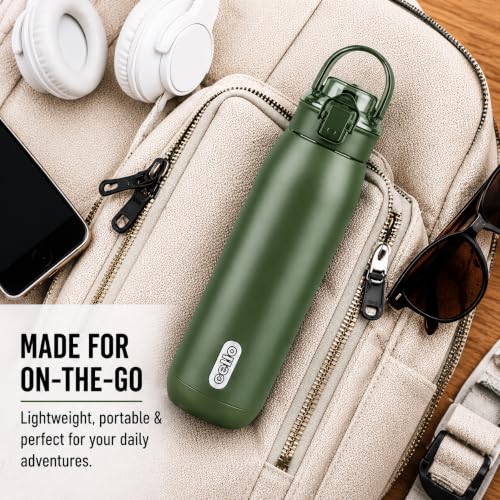 Image of CELLO Puro Steel-X Flint 900 Insulated Water Bottle 650 ml, Military Green | Easy Press Open Flip Top, Easy to Carry with Handle Leak Proof Inner Steel Water Bottle for School Kids, Office Gym Travel