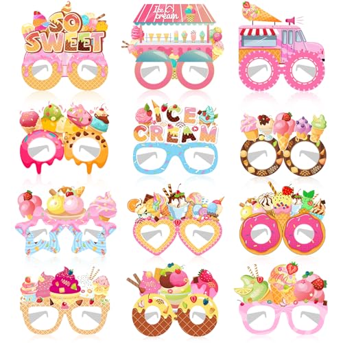 JIUJIUBER 24 PCS Ice Cream Party Paper Eyeglasses, Ice Cream Party Favors Decorations Supplies, Ice Cream Birthday Party Decorations Gifts Photo Booth Props
