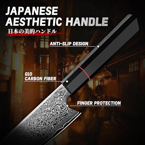 Image of TIVOLI Damascus Knife Set 3 PCS - VG10 Kitchen Knife With Octagonal Handle | VG10 high-carbon steel, Japanese Artisanal Craftsmanship, G10 Carbon Fiber Handle, Gift Box, for Meat Vegetable Fruit