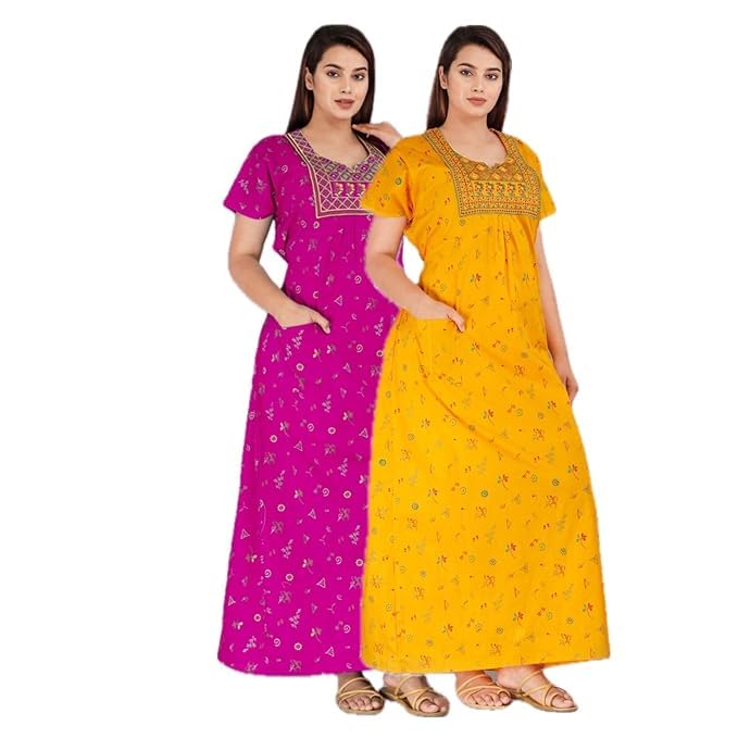 yukata Women's Cotton Jaipuri Nighty Gown Pack of 2 – Rajasthani Print Maxi Dress Sleepwear with Pocket Night Dress for Ladies – Soft & Comfortable Loungewear-picture-35