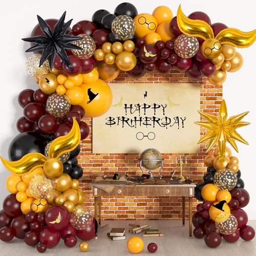 Image of Ouddy Life 172pcs Magical Wizard School Balloons Garland Arch Kit | Burgundy Black Gold Yellow Confetti Snitch Star Foil Balloon for Magic Themed Birthday Decorations Baby Shower Party Supplies