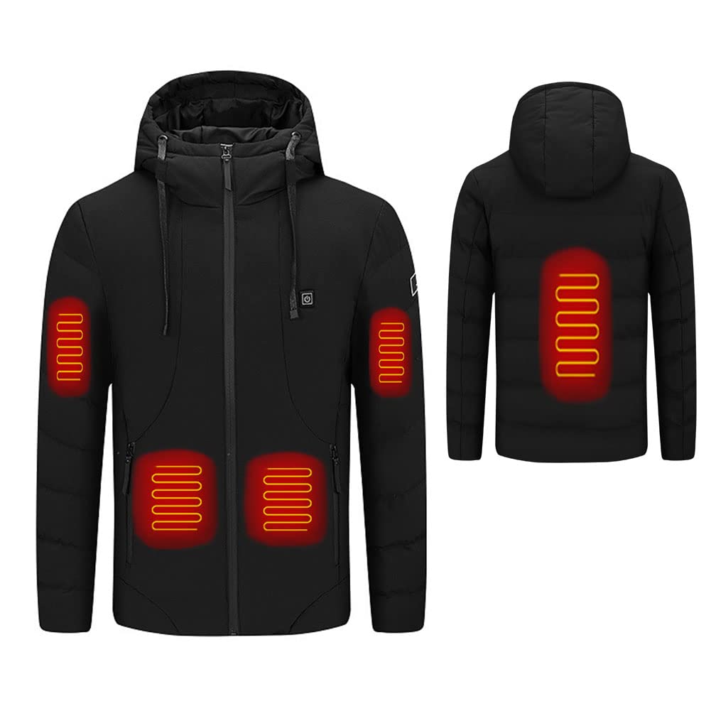 5 Zone di Riscaldamento Giacca Riscaldata USB Scalda Corpo Elettrico con Cappuccio Riscaldato Cappotto per Caccia Equitazione Sci Pesca Campeggio,Nero,XL