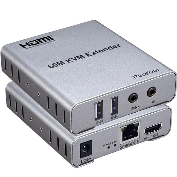 HDMI KVM USB Extender 1080P 60Hz, HDMI KVM USB Extender Over Cat5/6 Ethernet Cable Signal Extension to 196FT/60M, Black, Push Button Switch, ON-OFF Operation Mode-image-34