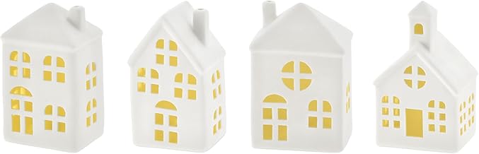 Spetebo LED House Ceramic White 11cm Set of 4 Christmas Village Decoration with Warm White Lighting Winter Table Decoration