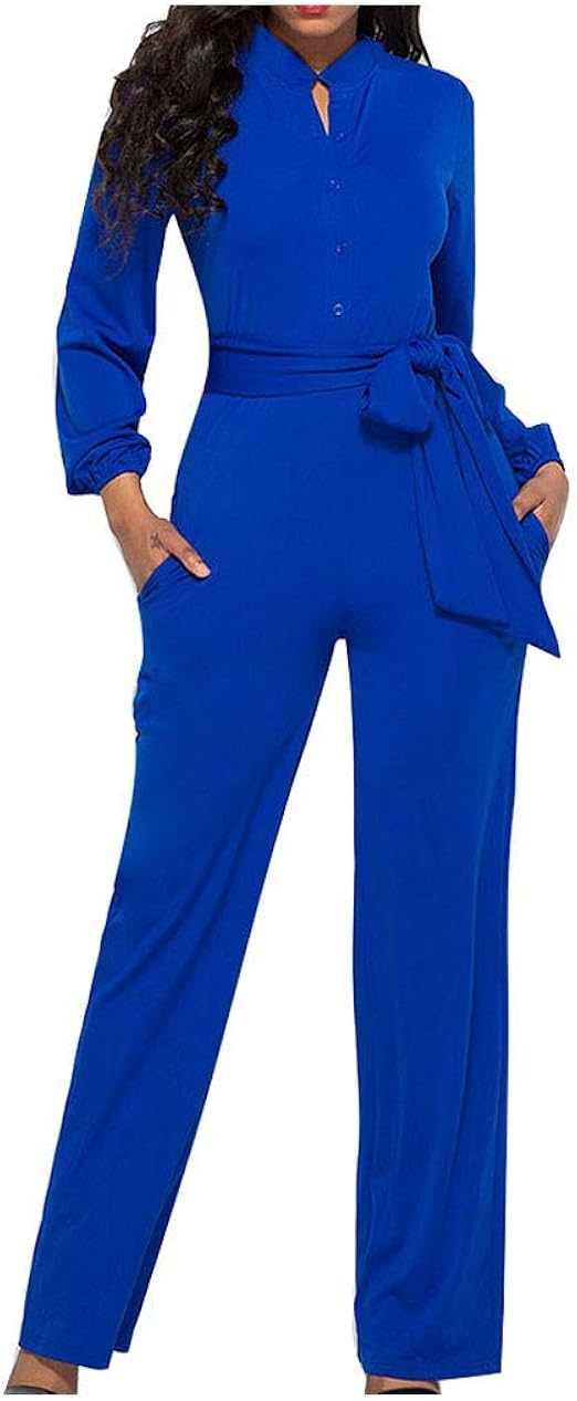 Damen Jumpsuit Elegant Langarm Overall Lang Playsuit VAusschnitt