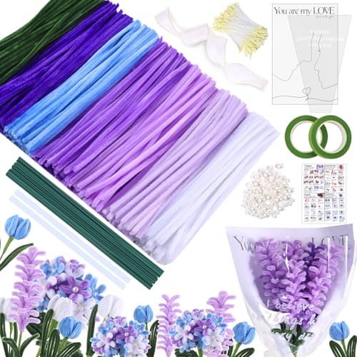 MKLG 385 Stück Pfeifenreiniger Blumen Set Pfeifenputzer Blumen Zum Basteln Mit Grüne Blumenstöcke Klebebandrollen Klebestifte Anleitungen Blumenstraußverpackungen Bänder Staubgefäße etc